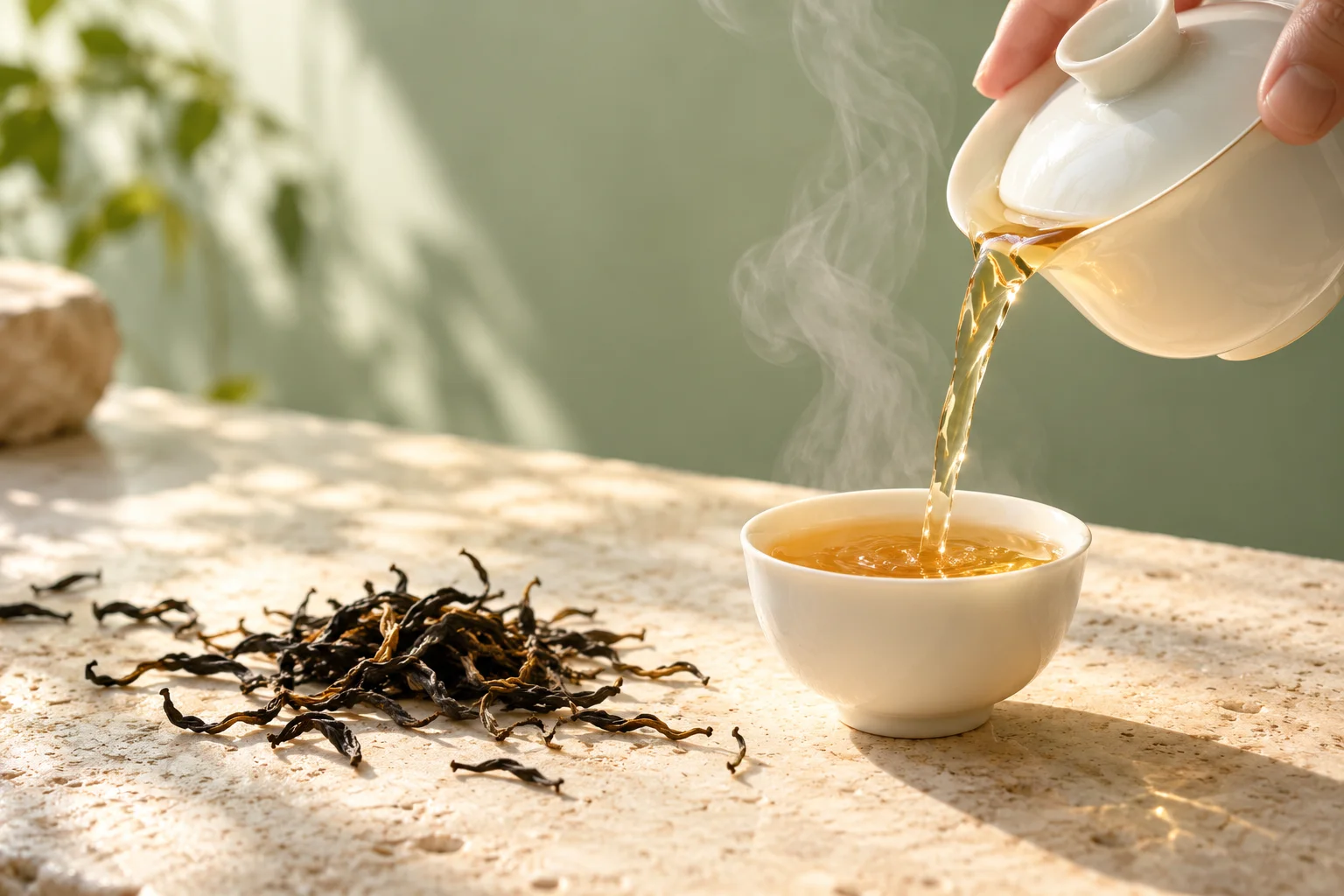 白瓷盖碗倾倒琥珀色茶汤的概念摄影