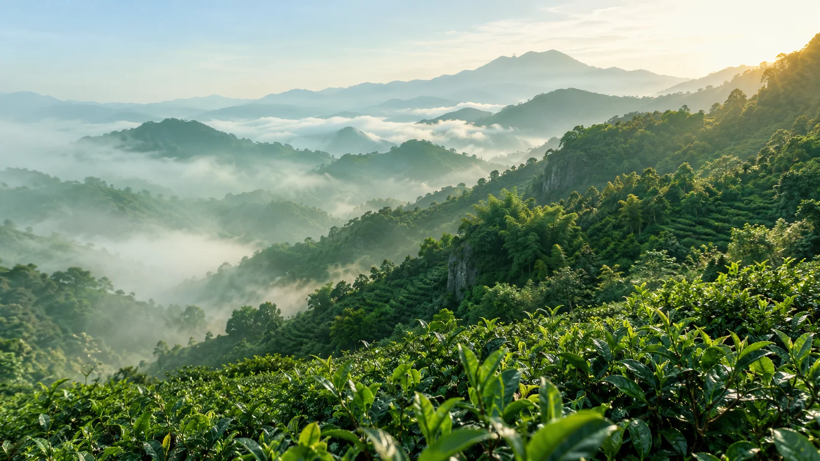 云雾与晨光中的茶园概念摄影